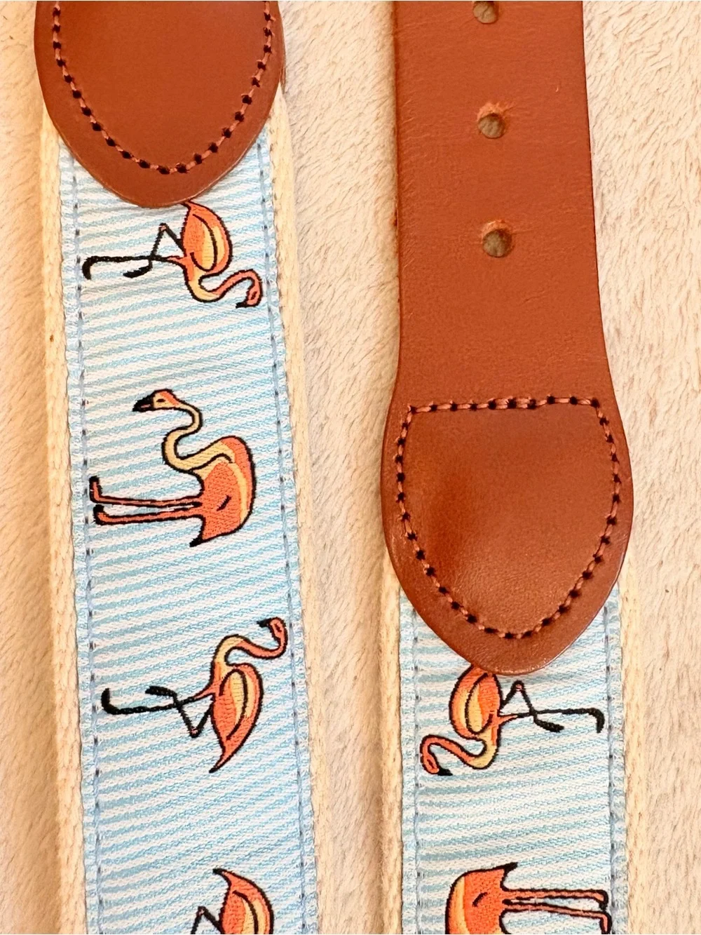 Flamingo Print Ribbon Canvas and Saddle Leather Trim Brass Buckle Sz 32